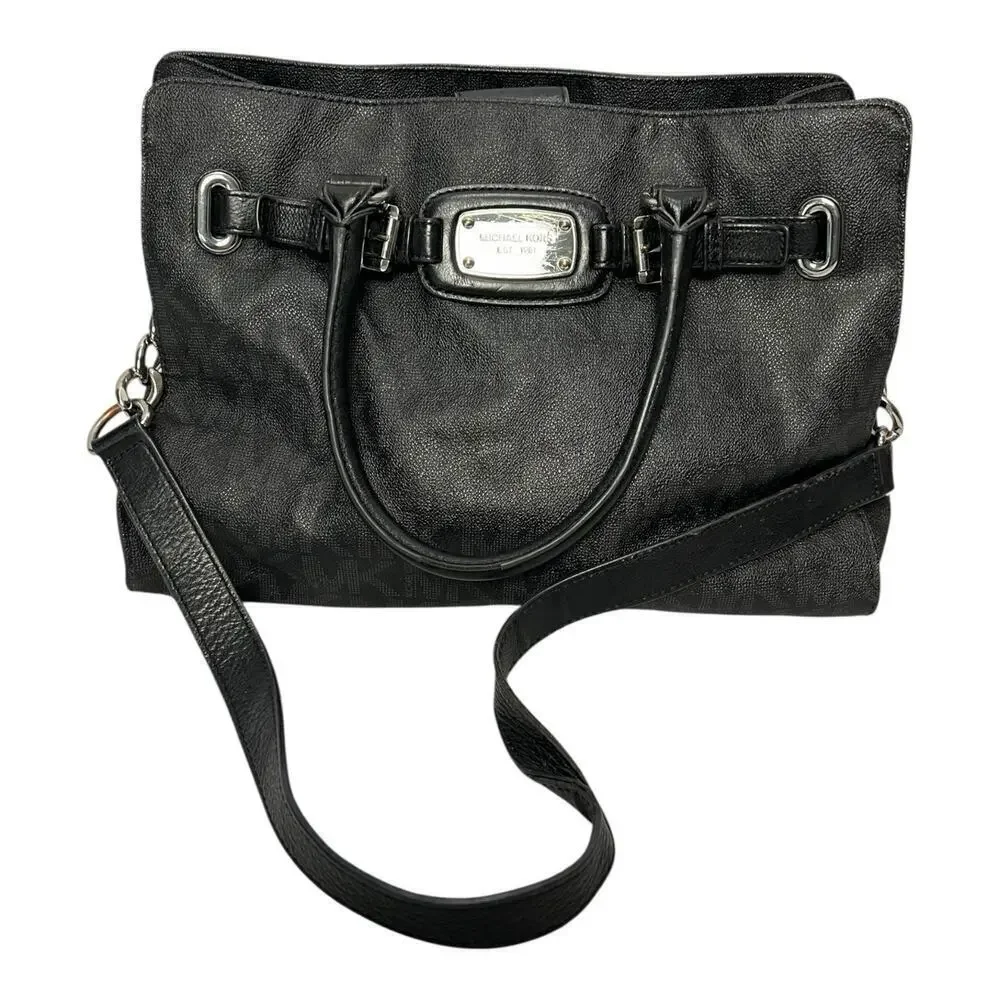 Michael Kors Black Hamilton Leather Silver Chain Satchel Bag Purse